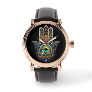 Kleurrijk Zwarte Gouden Hamsa met Turquoise Derde Horloge