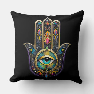 Kleurrijk Zwarte Gouden Hamsa met Turquoise Derde  Kussen