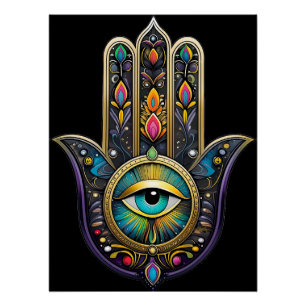 Kleurrijk Zwarte Gouden Hamsa met Turquoise Derde  Perfect Poster