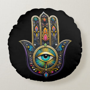 Kleurrijk Zwarte Gouden Hamsa met Turquoise Derde  Rond Kussen