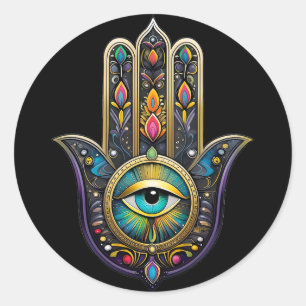 Kleurrijk Zwarte Gouden Hamsa met Turquoise Derde  Ronde Sticker