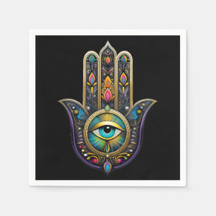 Kleurrijk Zwarte Gouden Hamsa met Turquoise Derde  Servet