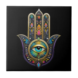 Kleurrijk Zwarte Gouden Hamsa met Turquoise Derde  Tegeltje