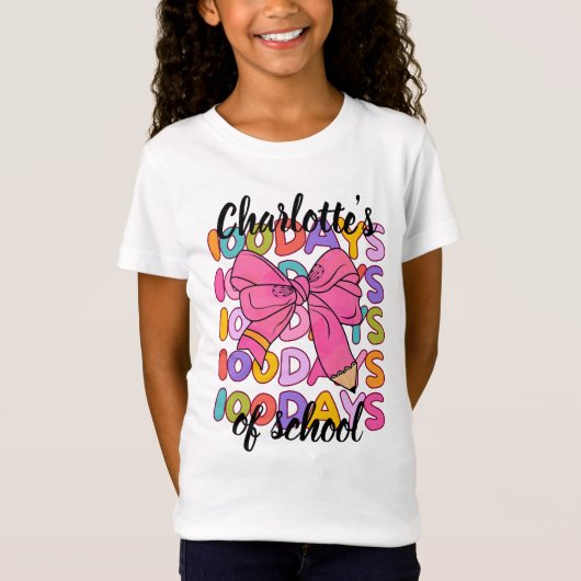 Kleurrijke 100 dagen School Pink Pencil Bow T-shirt (Voorkant)