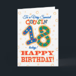 Kleurrijke 18e verjaardag voor speciale neef kaart<br><div class="desc">Een kleurrijke 18e Verjaardag Kaart voor een 'Very Special Cousin',  met een fel pattereerde nummer 18 en het woord 'Cousin',  met gouden-effect contouren,  op een licht getextureerde achtergrond.</div>