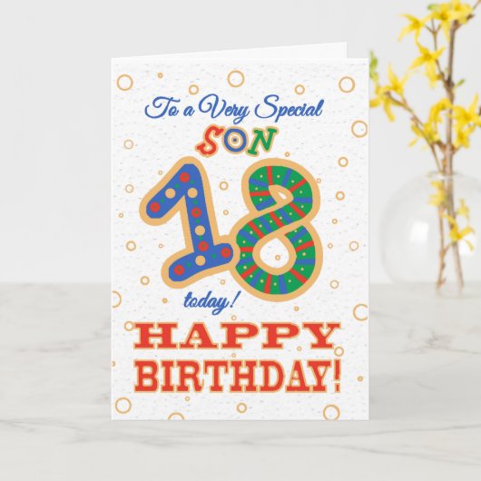 Kleurrijke 18e verjaardag voor speciale zoon kaart (Gele Bloem)