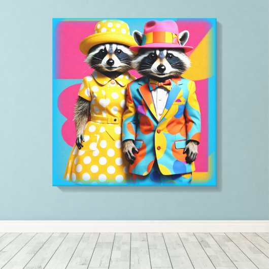 Kleurrijke 1960's mod raccoons canvas afdruk (Insitu (Houten vloer))