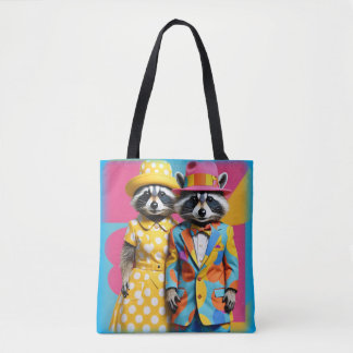 Kleurrijke 1960's mod raccoons tote bag