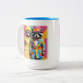 Kleurrijke 1960's mod raccoons tweekleurige koffiemok (Voorkant links)