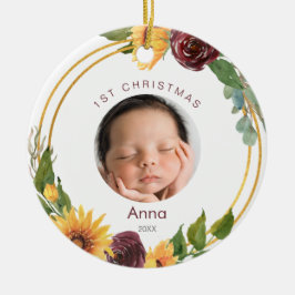 Kleurrijke 1-kerstfoto: zonnebloemen & Bourgogne Keramisch Ornament