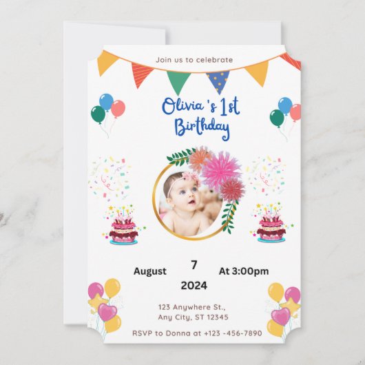 Kleurrijke 1e Verjaardag uitnodiging (Voorkant)