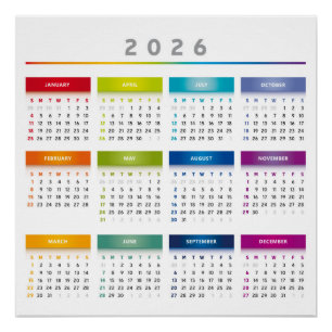 Kleurrijke 2026 Agenda - Regenboog Kleuren 3 Kolom Perfect Poster