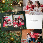 Kleurrijke 2-Foto Vrolijke Kerstpuntjes Drieluik Wenskaart<br><div class="desc">Feestelijk en kleurrijk vakantieontwerp met een sjabloon met twee foto's met aangepaste gouden Merry Christmas-tekstafbeelding met een spray van traditionele kerstpoinsettia's en hulst op een groene achtergrond.</div>
