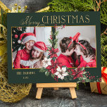 Kleurrijke 2-Foto Vrolijke Kerstpuntjes Feestdagenkaart<br><div class="desc">Feestelijk en kleurrijk vakantieontwerp met een sjabloon met twee foto's met aangepaste gouden Merry Christmas-tekstafbeelding met een spray van traditionele kerstpoinsettia's en hulst op een groene achtergrond.</div>