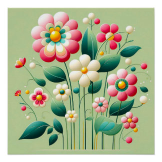 Kleurrijke 3D-bloementuin met roze gele bloesems Perfect Poster