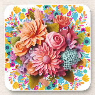 Kleurrijke 3D bloemetjes Roze en Sinaasappel Bier Onderzetter