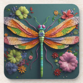 KLEURRIJKE 3D LOOK DRAGONFLY & BLOEMEN BIER ONDERZETTER (Voorkant)