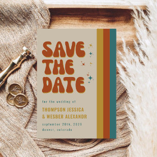 Kleurrijke 70's Retro Script Bruiloft Vet Save The Date