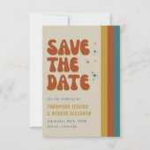 Kleurrijke 70's Retro Script Bruiloft Vet Save The Date (Voorkant)