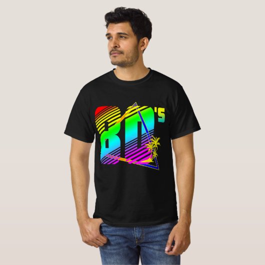 Kleurrijke 80-zonnepalmbomen t-shirt (Voorkant volledig)