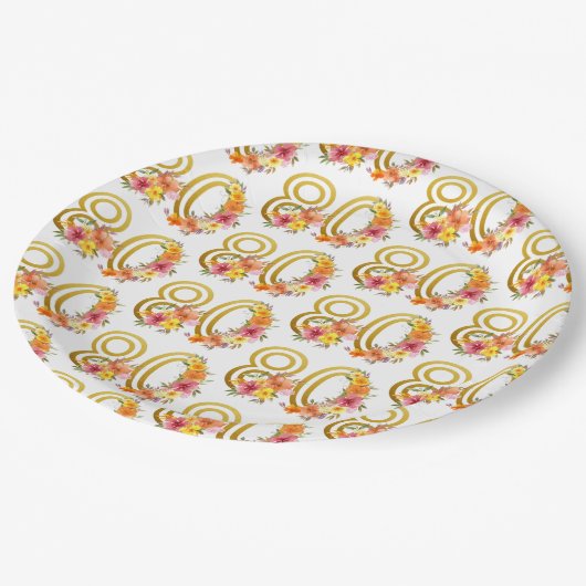 Kleurrijke 80e verjaardag Bloemen Goud Nummer 80 P Papieren Bordje (Gekanteld)