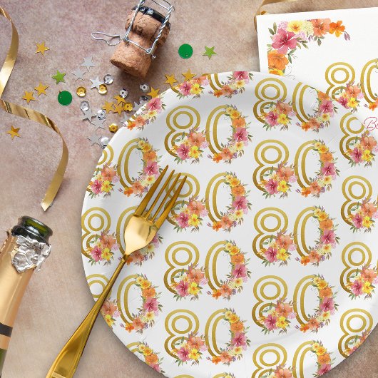 Kleurrijke 80e verjaardag Bloemen Goud Nummer 80 P Papieren Bordje