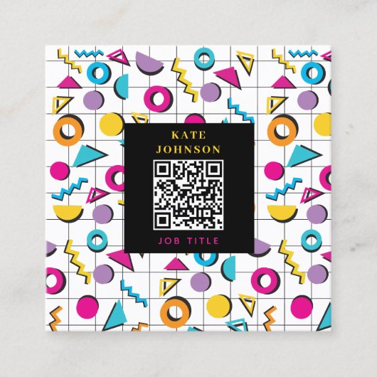 Kleurrijke 80's Retro Geometrische QR-code Vierkante Visitekaartje (Voorkant)
