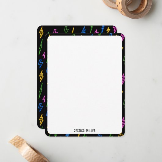 Kleurrijke 80's Retro Neon bliksempatroon Notitiekaartje (Voorkant / Achterkant in situ)