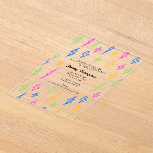 Kleurrijke 80's Retro Neon Lightning Verjaardag Acryl Uitnodigingen (Laagn)