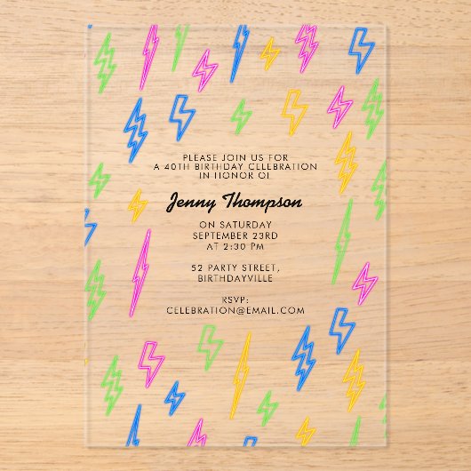 Kleurrijke 80's Retro Neon Lightning Verjaardag Acryl Uitnodigingen (Voorkant)
