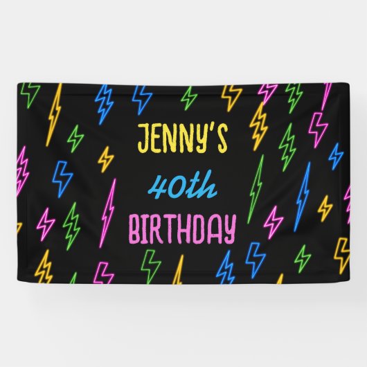 Kleurrijke 80's Retro Neon Lightning Verjaardag Spandoek (Horizontaal)