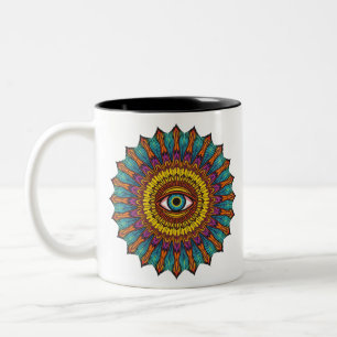 Kleurrijke 90s Mandala Derde Oog Psychedelische Gr Tweekleurige Koffiemok