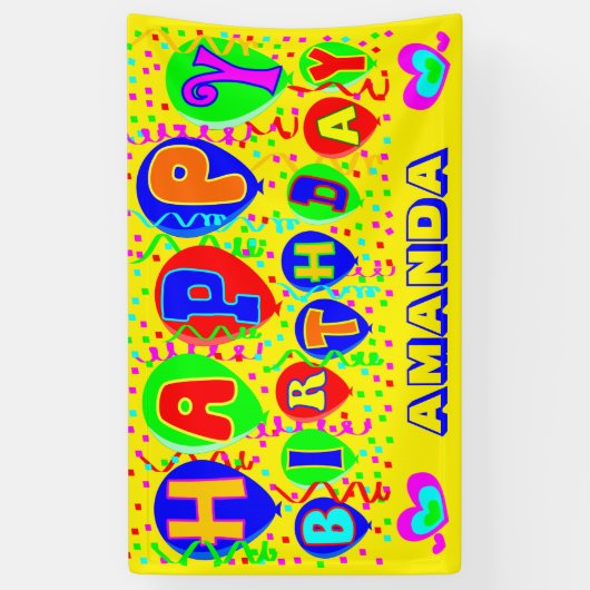 Kleurrijke aangepaste naam gelukkige verjaardag spandoek (Verticaal)