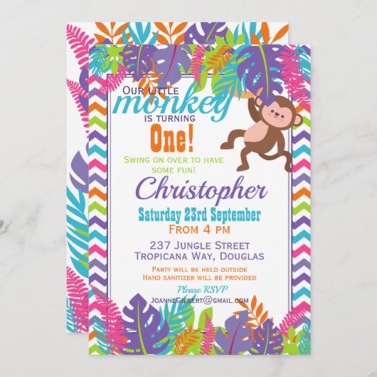 Kleurrijke aap verjaardagsfeestje kaart (Voorkant / Achterkant)