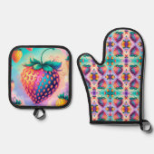 Kleurrijke aardbei ovenwant & pannenlap set (Voorkant)