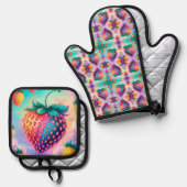 Kleurrijke aardbei ovenwant & pannenlap set (Voorkant / Achterkant)