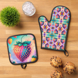 Kleurrijke aardbei ovenwant & pannenlap set