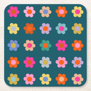 Kleurrijke Abstract Flowers Navy Blue Retro Floral Kartonnen Onderzetters