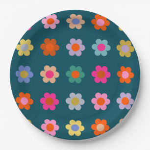 Kleurrijke Abstract Flowers Navy Blue Retro Floral Papieren Bordje