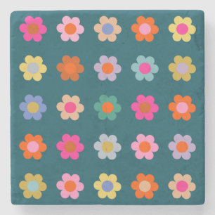 Kleurrijke Abstract Flowers Navy Blue Retro Floral Stenen Onderzetter