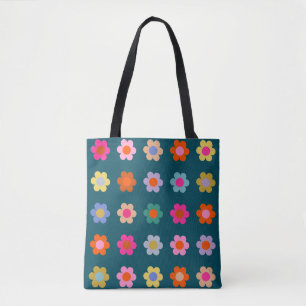 Kleurrijke Abstract Flowers Navy Blue Retro Floral Tote Bag