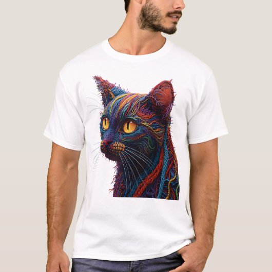 Kleurrijke Abstract Gebreide Textuur Kat T-shirt (Voorkant)