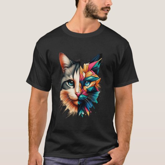Kleurrijke Abstract Kattenkop Half Gezicht Schatti T-shirt (Voorkant)