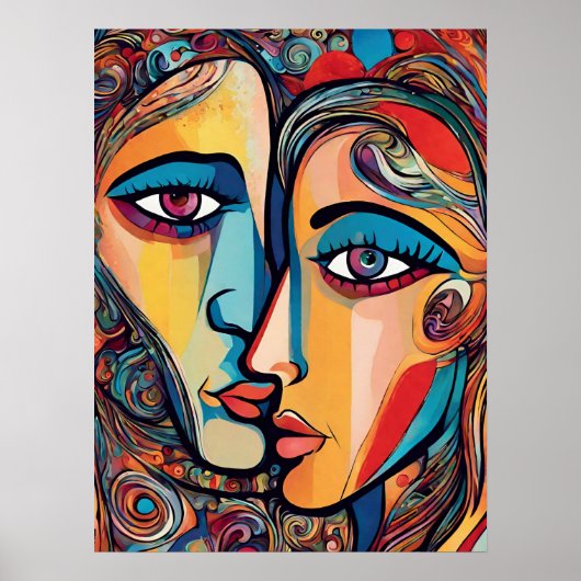 Kleurrijke Abstract Man Vrouw Cool Face Poster (Voorkant)