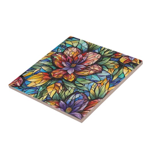 Kleurrijke Abstract Mozaïek Bloem en Bladeren Tegeltje (Zijkant)