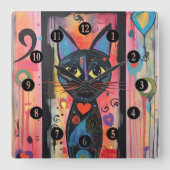 Kleurrijke Abstract Yellow Eyed Cat Vierkante Klok (Voorkant)