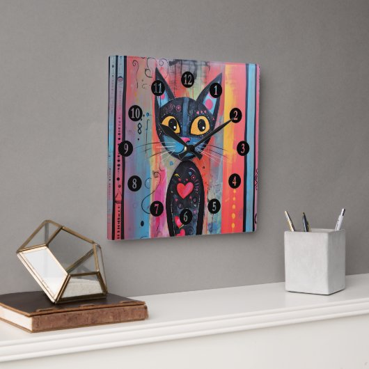 Kleurrijke Abstract Yellow Eyed Cat Vierkante Klok (Kantoor)