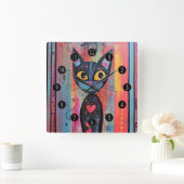 Kleurrijke Abstract Yellow Eyed Cat Vierkante Klok (Huis)