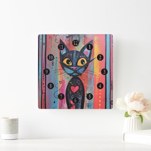 Kleurrijke Abstract Yellow Eyed Cat Vierkante Klok (Huis)