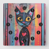 Kleurrijke Abstract Yellow Eyed Cat Vierkante Klok (Voorkant)
